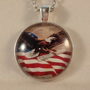 Men's Silver Bald Eagle Bird USA Flag Cabochon Pendant Chain Necklace Gift